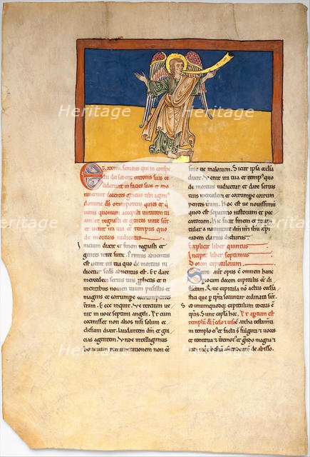 Leaf from a Beatus Manuscript: the Seventh Angel Proclaims the Reign of the Lord, ca. 1180. Creator: Unknown.