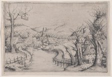 River Landscape with Three Bare Willow-Trees at Right and a Long Winding Wooden Bridge at ..., 1546. Creator: Augustin Hirschvogel.