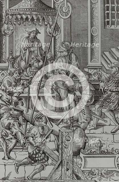 Medieval torture scene: The Estrapade, or Question Extraordinary, 1541, (1878).  Creator: Unknown.