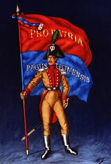 Flag bearer from the canton of Tessin, c. 1809. Color engraving from 1943, published by Editions …