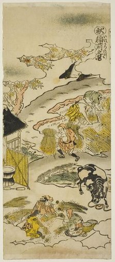 Autumn: Harvesting Rice (Aki: inekari no zu), No. 3 from the series "The Four Seasons..., c. 1730s. Creator: Torii Kiyomasu.