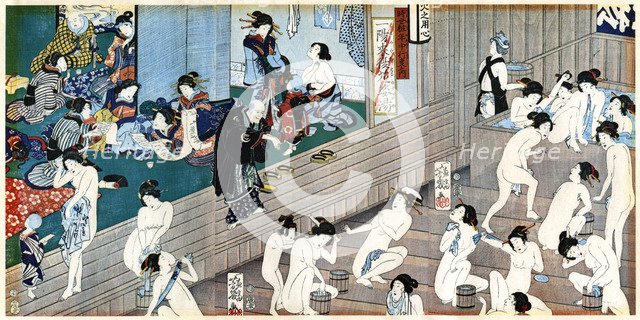 A bath house scene, Japan.Artist: Yoshiiku