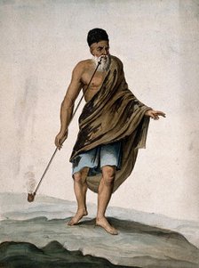 An old man in cloak and turban smoking a long pipe (chibouk), 1800-1899. Creator: Unknown.