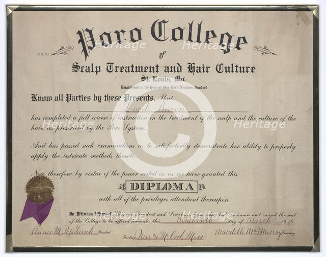 Diploma issued to Lucille Brown from Poro College, March 19, 1915. Creator: Unknown.
