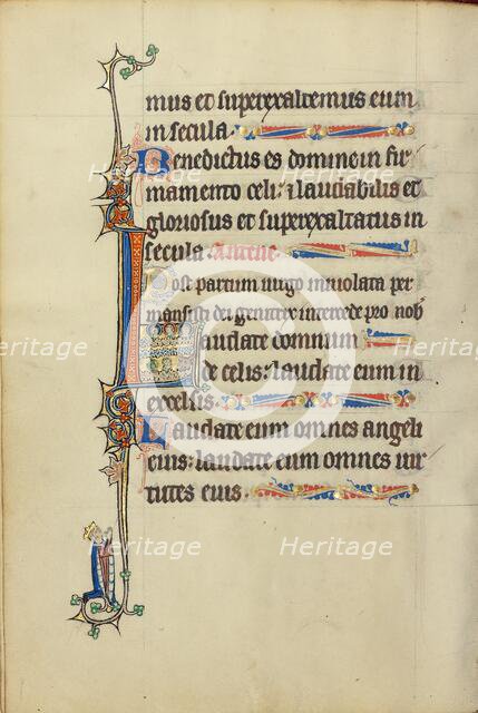 Initial L: Three Nimbed Heads, a Head of a Man, and a Head of a Bull; Ruskin Hours, about 1300. Creator: Unknown.