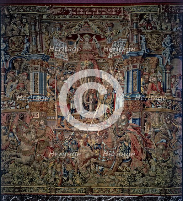 Honours'. 'The Fame', central detail of tapestry # 6 representing Fame seated on an elephant and …