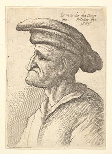 Bust of elderly man with nose that meets his lower lip, wearing wide flat cap in profile t..., 1665. Creator: Wenceslaus Hollar.