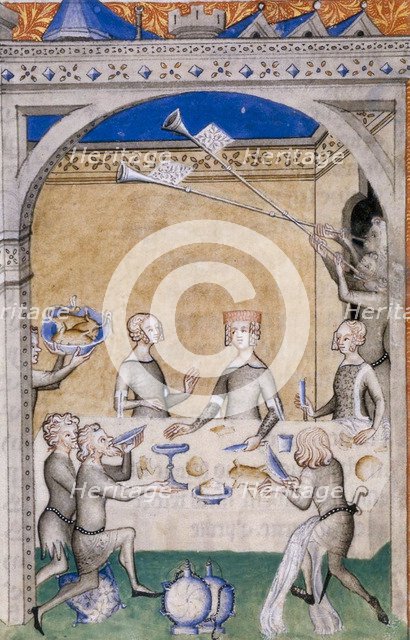Miniature from Le Remède de Fortune by Guillaume de Machaut. Feast scene, 1355-1360.
