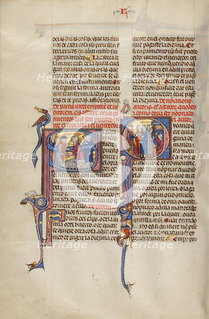 Initial S: Two Men Shaking Hands after a Sale of Sheep: Initial Q: Three Men..., about 1290-1310. Creator: Unknown.