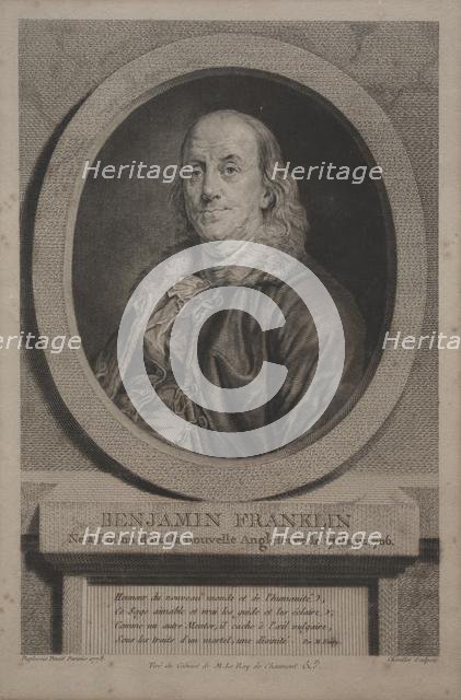 Benjamin Franklin, 1779. Creator: Justus Chevillet (French, 1729-1802); Published in Journal de Paris, 7 July 1779 and in the Gazette de France, 16 July 1779.
