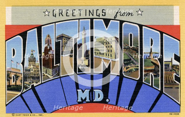 'Greetings from Baltimore, Maryland', postcard, 1940. Artist: Unknown