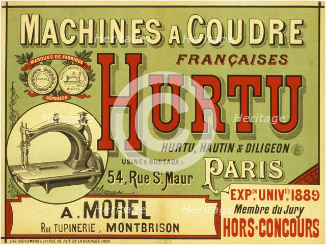 Machines à coudre françaises Hurtu, 1889. Creator: Anonymous.
