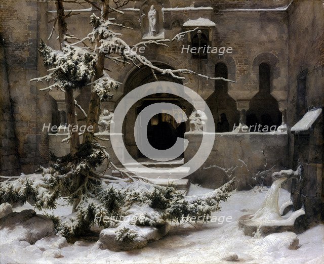 Monastery Garden in Snow. Artist: Lessing, Carl Friedrich (1808-1880)