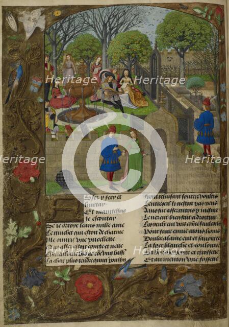 Lutenist and singers in a walled garden, the Lover and Dame Oyseuse..., 1490-1500. Creator: Unknown.
