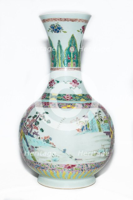Famille rose vase with landscape decoration and trumpet mouth, 18th century. Artist: Unknown.