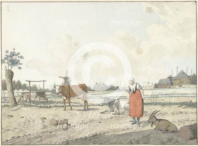 Landscape with farmer and cattle, 1700-1800. Creator: W. Barthautz.