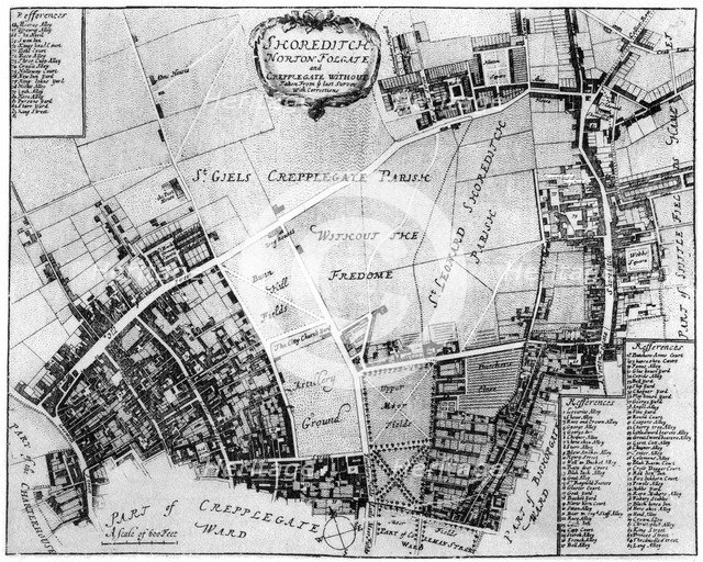 Map of Shoreditch, Norton Folgate and Cripplegate, (1907). Artist: Unknown
