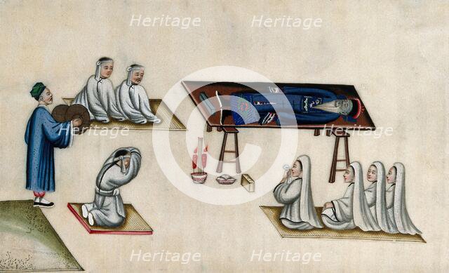 Chinese funeral customs: the body of an elderly man lies on a bier, attended by men and..., 1800. Creator: Unknown.
