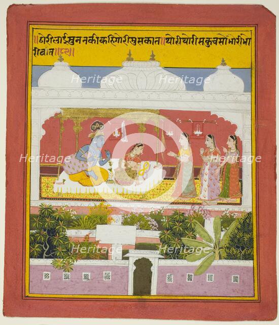 Krishna and Radha in a Pavilion, from a copy of the Seven Hundred Verses (Sat Sai) of Bihari, 1719. Creator: Unknown.