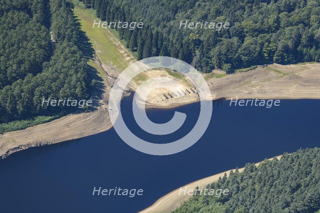 The remains of Ouzelden Viaduct revealed by low water levels at Derwent Reservoir, Derbyshire, 2022. Creator: Emma Trevarthen.