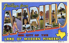 'Greetings from Amarillo, Hub City of the Land of Modern Pioneers', postcard, 1939. Artist: Unknown