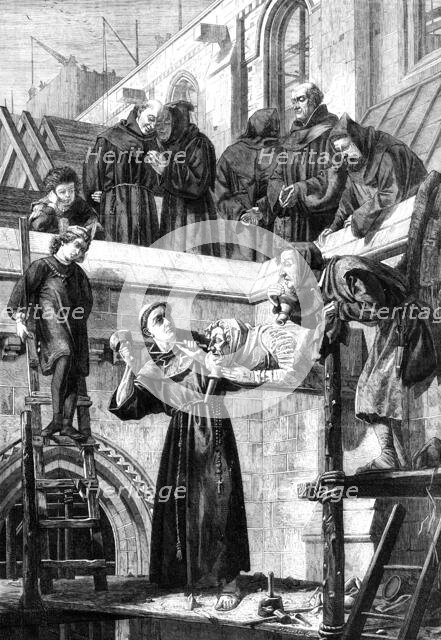 "The Franciscan Sculptor", by H. S. Marks, from the exhibition of the Royal Academy, 1861. Creator: Dalziel Brothers.