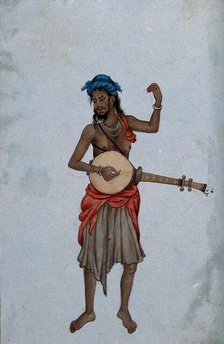 A man wearing a cloth skirt and a turban, playing a musical instrument. Creator: Unknown.