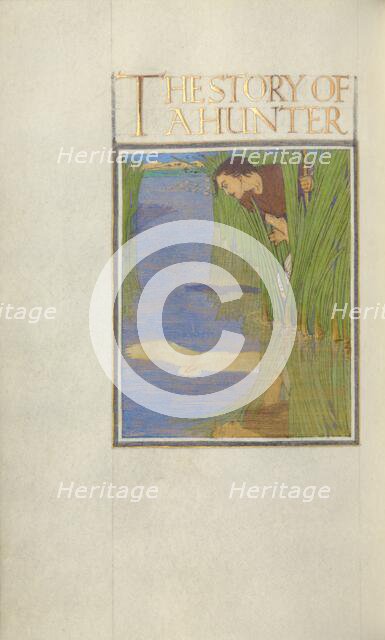 A Hunter Standing in Reeds and Seeing a Reflection of a White Bird in the Water, 1908. Creator: Florence Kingsford Cockerell.