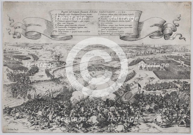 Battle scene: forces led by William of Orange crossing the Gete River to attack the Duke o..., 1632. Creator: Johann Wilhelm Baur.