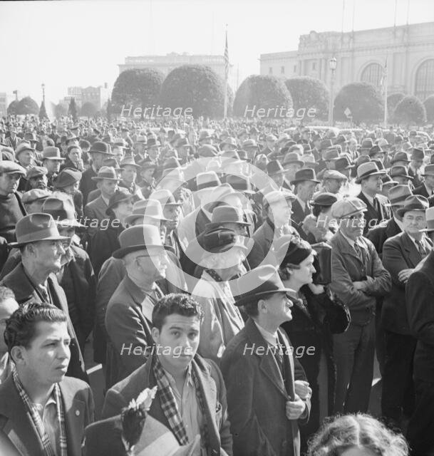 Listening to speeches at mass meeting of WPA workers..., San Francisco, California, 1939. Creator: Dorothea Lange.