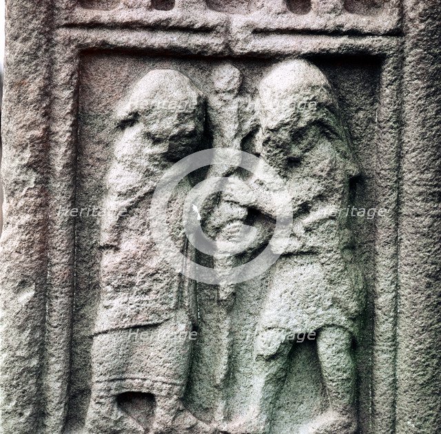 Celtic chief helps Christian priest to set up a staff, Clonmacnoise, Ireland. Artist: Unknown