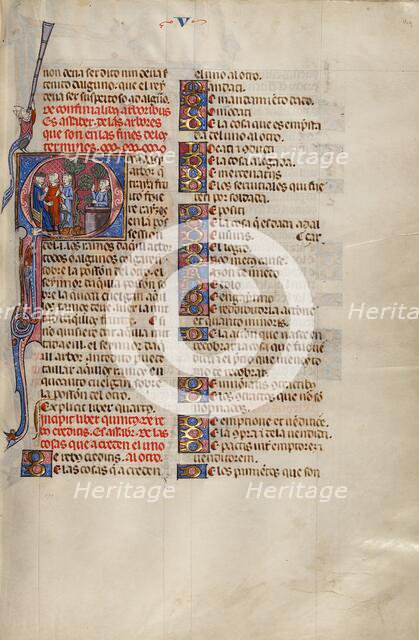 Initial Q: Two Men before a Judge and a Third Man Watching from behind a Wall, about 1290-1310. Creator: Unknown.