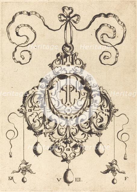 Strapwork Pendant with Two Eagles as Earringsat Left and Right. Creator: Daniel Mignot.