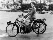 A woman on a Douglas motorbike, (c1913?). Artist: Unknown