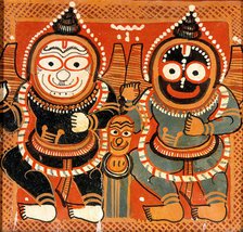 Balarama and Jagannath raising their right hands and holding their left hands in..., c1880/1910.. Creator: Painter of Puri, Odisha.