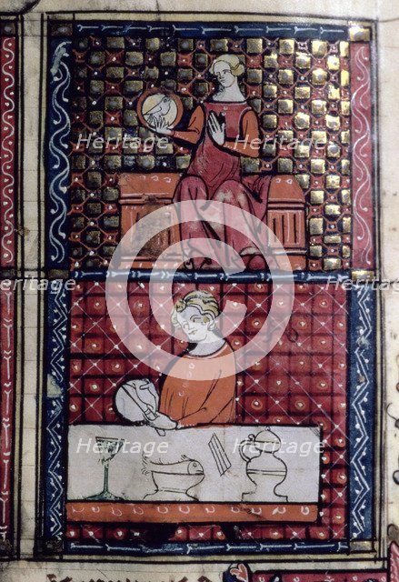 Lady sitting with a dove (1st Quarter) and man cutting bread on a table (3rd quarter). Miniature …