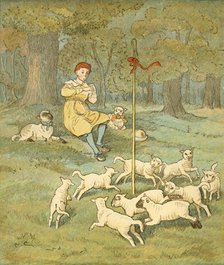 The Farmer's Boy plays his pipe as the lambs dance around his shepherd's crook, c1881. Creator: Randolph Caldecott.