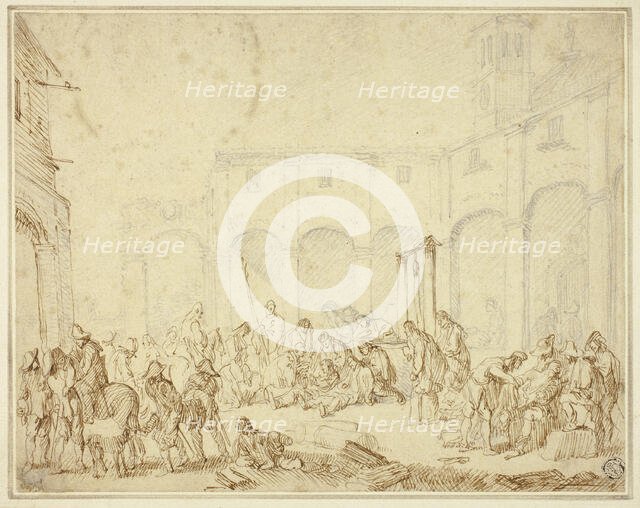 Wounded Soldiers in a Courtyard on Town Square, n.d. Creator: Cornelis de Wael.