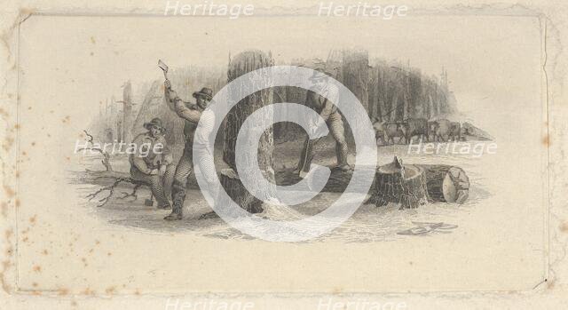 Banknote vignette showing woodsmen felling trees in a snowy forest, ca. 1824-37. Creator: Attributed to Asher Brown Durand.