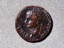 Roman coin from the first half of the 1st. century, having a head facing left, the issuing author…
