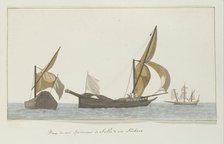Three ships: Two speronaras from Scilla and one tartane, 1778. Creator: Louis Ducros.