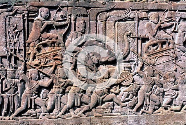 Bas-relief showing scenes of a battle in the ruins of Angkor Thom.