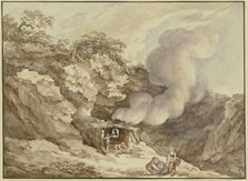 Mountain landscape, a kiln in the centre from which a plume of smoke rises, late 18th century. Creator: Karl Kuntz.