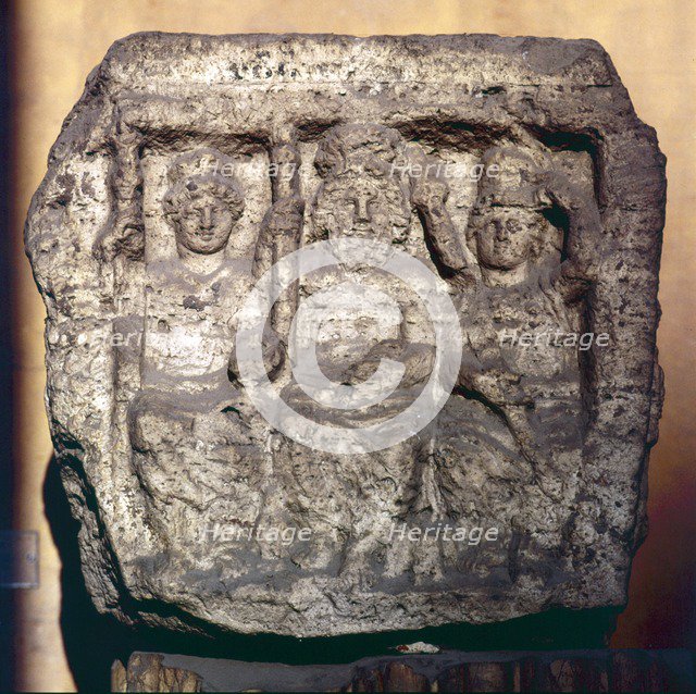 Capitoline Triad, Minerva, Jupiter and Juno, Funerary cippus or tomb marker.  Artist: Unknown.