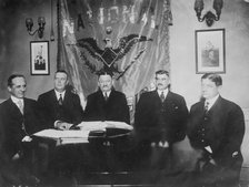 J.E. Bruce, Ban Johnson, A. Herrmann, T.J. Lynch, J.A. Heydler at table together, 1910. Creator: Bain News Service.