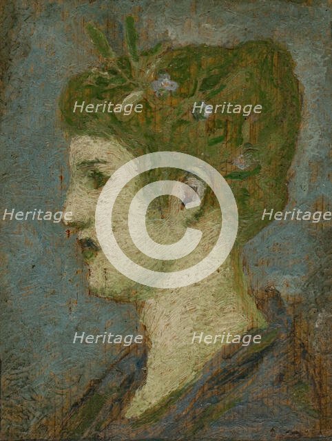 Head of a woman crowned with foliage, left profile, c1880. Creator: Henry Cros.