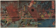 The Battle at Jinju during Masakiyo's Conquest of Korea (Masakiyo Sankan taiji, Shinshujo..., 1863. Creator: Tsukioka Yoshitoshi.