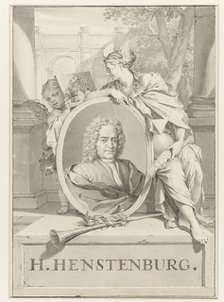 Portrait of Herman Henstenburgh in an oval frame, held by female figure and putto, 1683-1746. Creator: Nicolaas Verkolje.