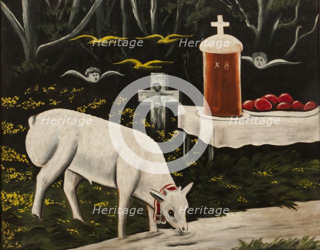 A paschal lamb and easter table with flying angels.