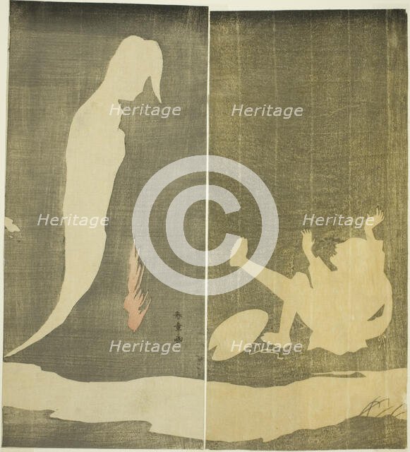 Man Falling Backward, Startled by a Woman's Ghost over a River, Japan, c. 1782. Creator: Shunsho.